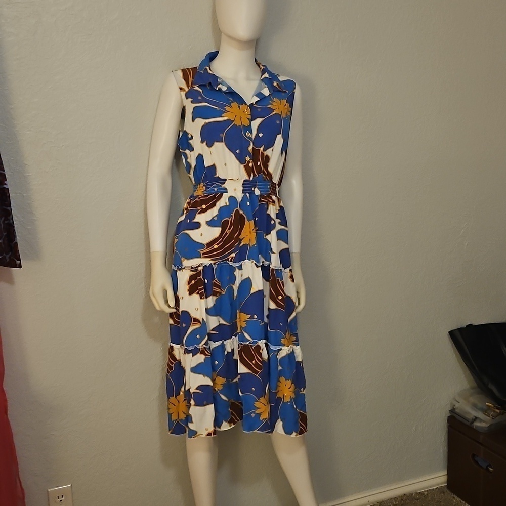 ALEX and PARKER Tropical Blue Floral Sleeveless Tiered Shirt Tiki Dress - Picture 2 of 13